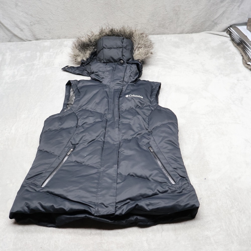 Columbia Down Vest Women Small Black Insulated Hooded Omni-Heat Faux Fur Puffer